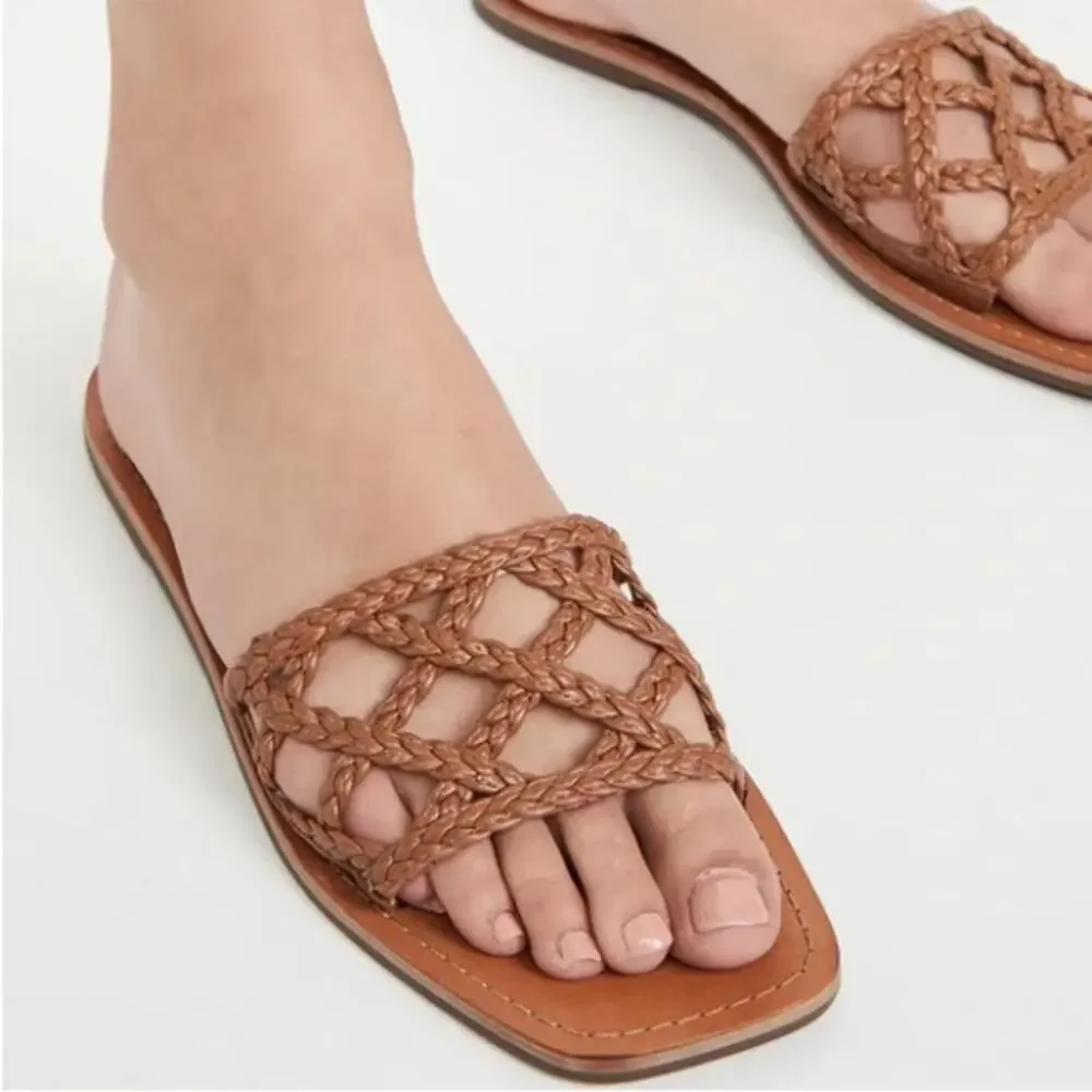 NEW Schutz Ericka Leather Braided Woven Slide Sandal Shoe Wood Size 6.5
